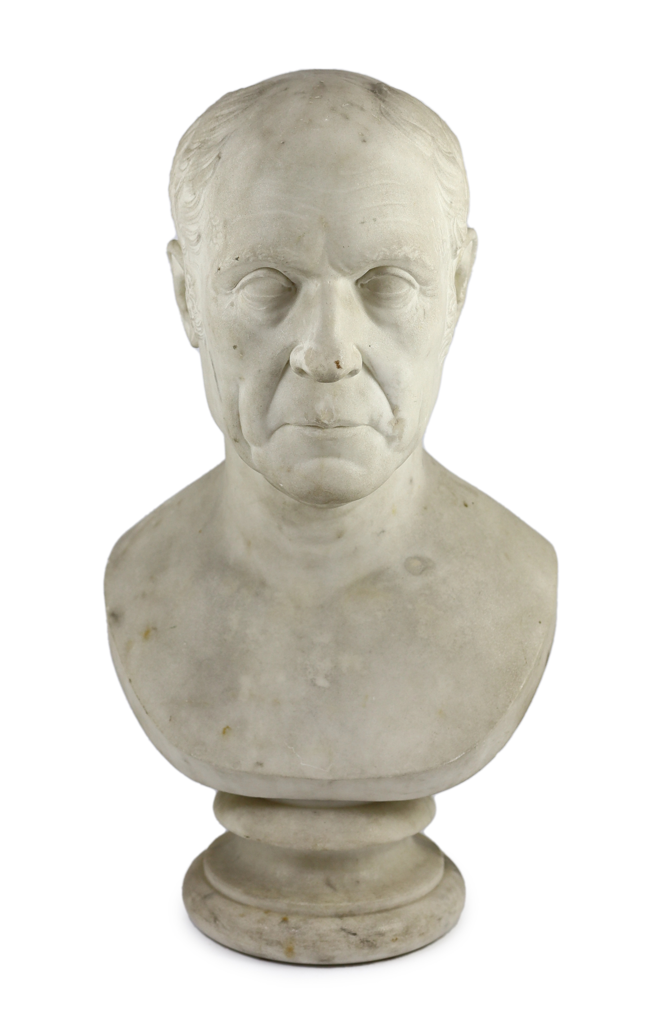 A carved white marble bust of a gentleman, second quarter 19th century, 30cm wide, 54cm high